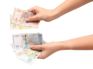 Female hands holding Bulgarian lev banknotes on white background