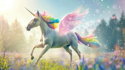 Winged unicorn in a magical meadow for fantasy or fairytale themed designs