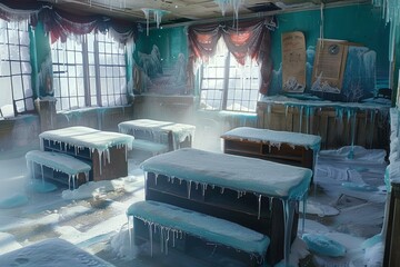 Eerie abandoned classroom with desks and chairs covered in ice and icicles under blue light