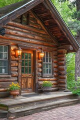the exterior of a log cabin building