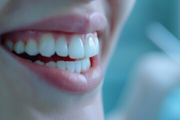 A close up of a womans smiling face showing white teeth