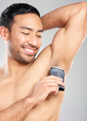 Man, armpit and deodorant hygiene in studio or underarm treatment or health product, scent or...