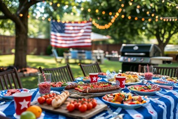 Celebrate in style with a patriotic backyard barbecue featuring an American flag centerpiece and red, white, and blue party supplies.