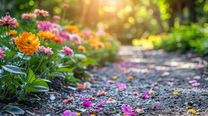 Colorful Flowers Blooming on a Path in a Park