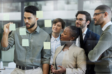 People, employee and glass board for strategy with teamwork, collaboration and planning....