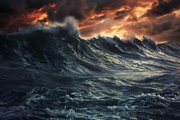 Fototapeta premium Tsunami wave in the sea. Natural disaster and cataclysm concept. Design for banner, wallpaper. Dramatic apocalyptic background