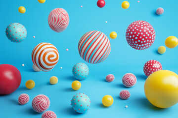 Colorful 3D Candies and Balloons on Blue