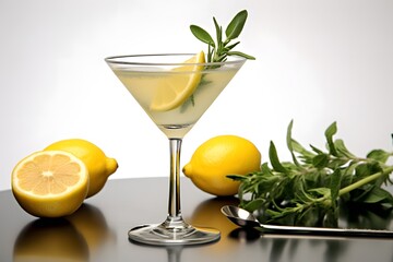 Fototapeta premium Refreshing lemon cocktail with rosemary garnish served in a martini glass.