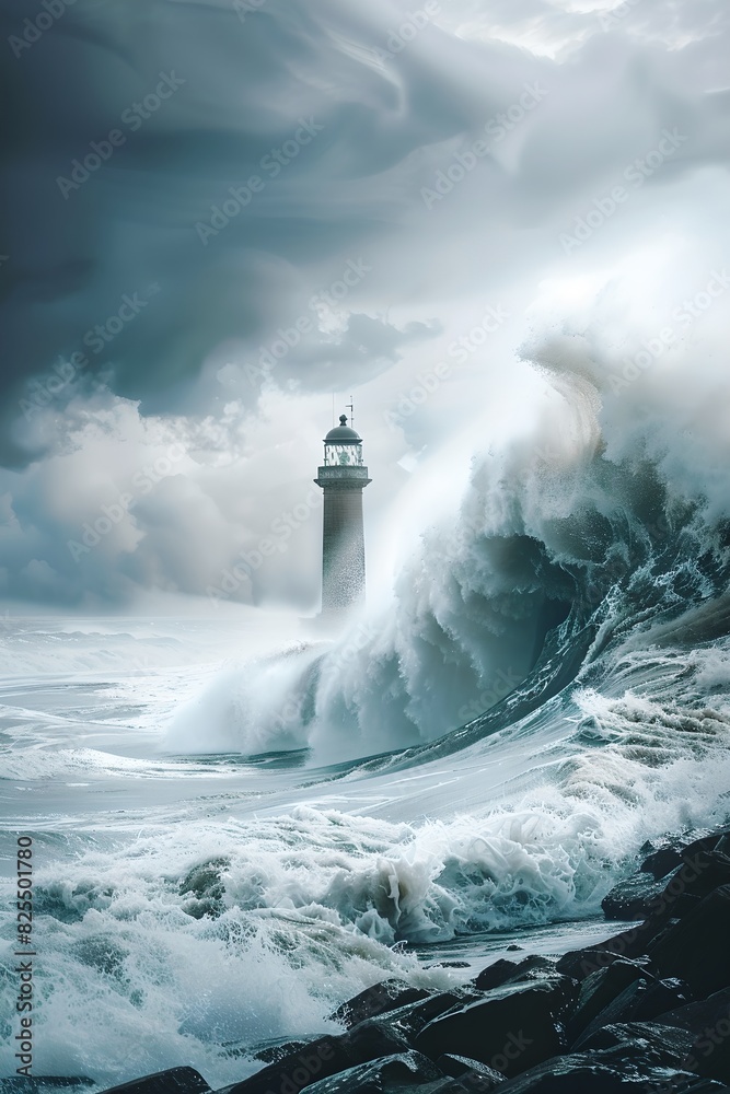 Wall mural tsunami wave crashing into a lighthouse. natural disaster and cataclysm concept. design for banner, 