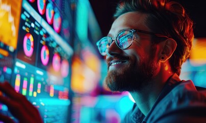 Fototapeta premium A creative smiling digital marketer surrounded by screens displaying his successful e-commerce campaigns