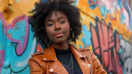 Portrait of an African American woman with natural hair, wearing a leather jacket and black top...