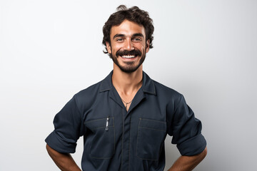 Mechanic man smiling on white background. Automotive industry. Car repair. Car garage. Mechanical training. Image for graphic designer.