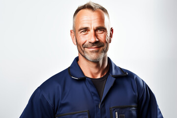 Mechanic man smiling on white background. Automotive industry. Car repair. Car garage. Mechanical training. Image for graphic designer.