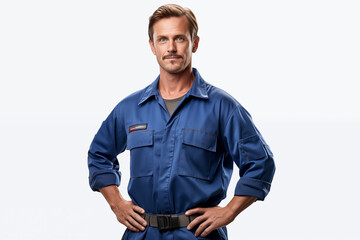 Fototapeta premium Mechanic man smiling on white background. Automotive industry. Car repair. Car garage. Mechanical training. Image for graphic designer.