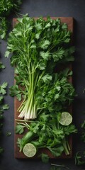 Fototapeta premium Fresh green vitamin parsley leaves. Herbs and spices. Top view flat lay