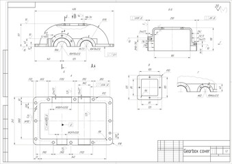 Assembly drawing of reducer cover.
Vector drawing of steel mechanical detail with
 bolted connection and dimension lines.
Engineering cad scheme. Technical template. 
Cross section.