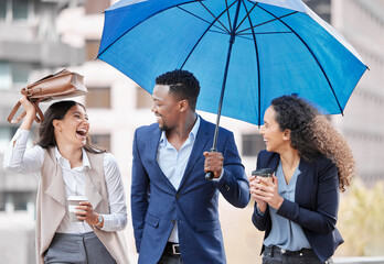 Happy, business people and umbrella outdoor on rainy day for corporate protection, insurance or...