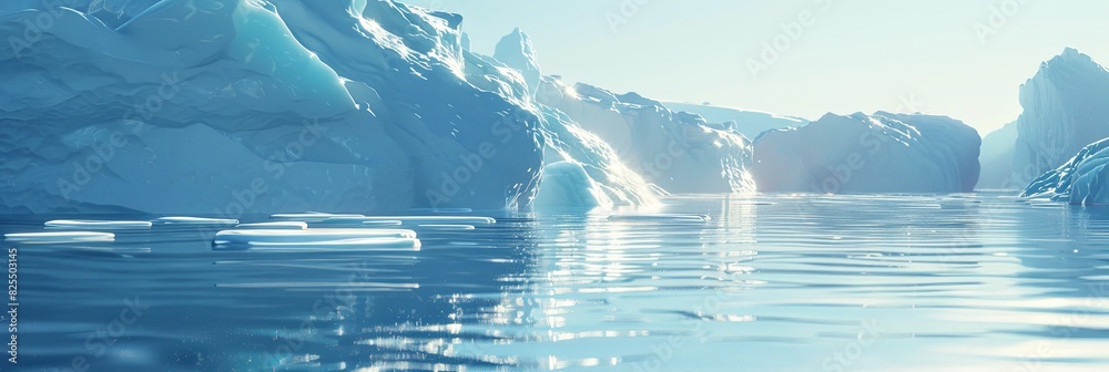 Poster Multiple icebergs are seen floating on the cold Arctic waters, each displaying unique shapes and sizes. Generative AI