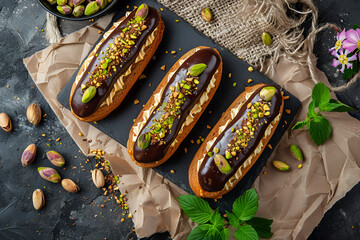 Traditional French eclairs filled with chocolate and pistachio cream. Top view from above. French...