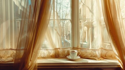   A cup of coffee rests on a windowsill, facing a curtain and the street below