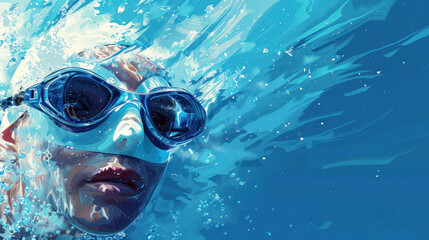 Fototapeta premium Portrait of a swimmer with a white cap and blue goggles underwater, with colorful reflections and water bubbles