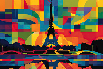 Abstract cityscape of Paris with Eiffel Tower and colorful geometric shapes