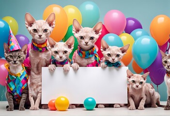 Creative animal concept, Group of Devon Rex cats and kittens in funky wild mismatched colorful outfits on bright background for advertisement, copy space, birthday party invite, and banner