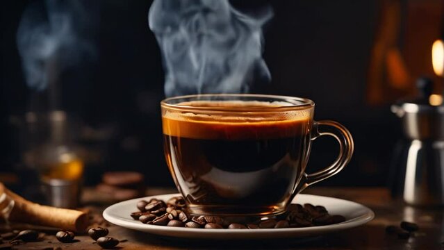 Hot steaming coffee or tea cup in the morning table and interior background.