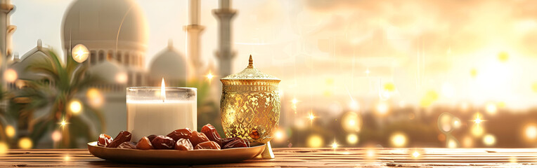 Eid al adha traditional background with mosque and Enlightenment Sunnah Quran on blur mosque background