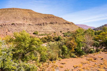 Desert landscape of Atlas mountains with green trees in foreground along road to Tizi n'Tichka...