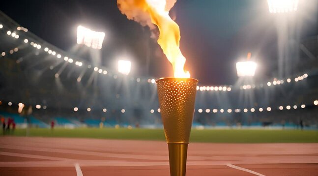 The Olympic torch burns in the center of the stadium, dispelling the darkness with its bright light. Its flame dances in the wind, symbolizing the ever-burning spirit of sportsmanship