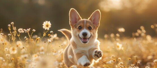 Cheerful corgi puppy enjoys a playful run among wildflowers during a golden sunset, embodying happiness, vitality, and the pure joy of life in a serene meadow