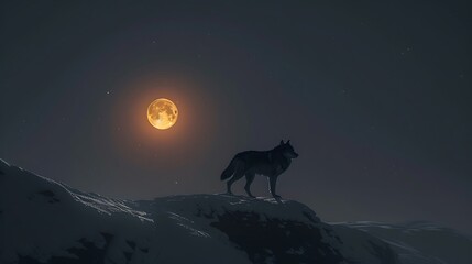 A lone wolf silhouetted against the full moon, standing atop a silent, snowy ridge.