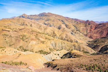 View of Atlas mountains with high peaks and desert arid landscape near Tizi n'Tichka pass, Morocco, North Africa