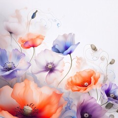 Ilustracja, kwiaty letnich maków polnych, jasny kolor. Pastelowe dekoracyjne tło kwiatowe. Bukiet kwiatów, puste miejsce na tekst, życzenia lub zaproszenie	
