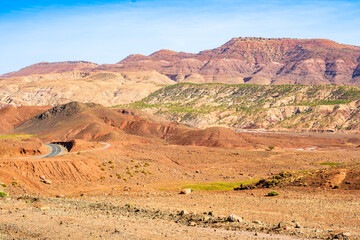 View of Atlas mountains with high peaks and desert arid landscape near Tizi n'Tichka pass, Morocco, North Africa