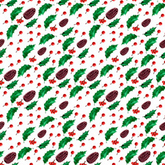 Watercolor seamless pattern with holly plant