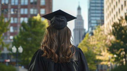 Young woman in a black graduation cap and gown with long hair, standing in a city with tall buildings and greenery in the background