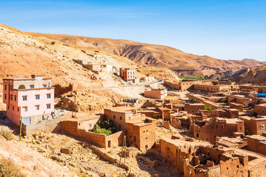 View of old ancient village in Dades valley between Telouet and Anmiter towns in Atlas Mountains, Morocco, North Africa