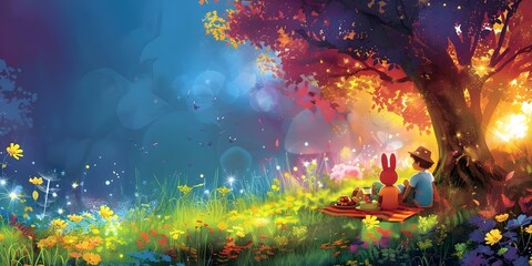 Classic cartoon characters have a colorful picnic in a vibrant meadow. Concept Cartoon Characters, Picnic, Meadow, Classic, Colorful