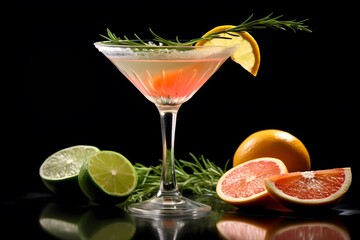 Fototapeta premium Refreshing lemon cocktail with rosemary garnish served in a martini glass.