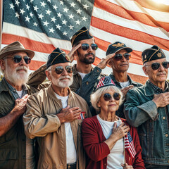 Group of veterans of different generations wearing sunglasses and caps gathered around a flagpole,...