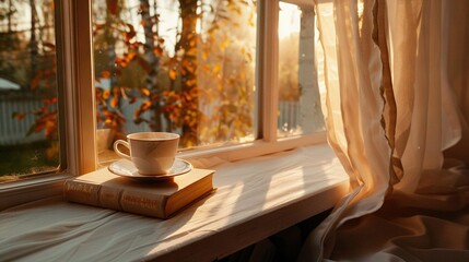   A cup of coffee sits atop a book on a windowsill alongside a window sill