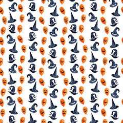 Watercolor seamless pattern with various Halloween theme elements