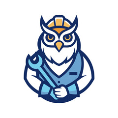 Owl mechanic with a wrench and helmet. fully linear. The logo is completely contoured