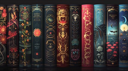 A set of beautifully illustrated book covers, each with its own unique theme and color scheme, displayed side by side.