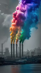 Obraz premium Una fábrica con chimeneas que liberan un espectro de humo colorido, formando un arco iris sobre un distrito industrial en escala de grises, vista lejana, monocromo con acentos de color, estilo retro, 