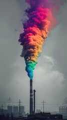 Obraz premium Una fábrica con chimeneas que liberan un espectro de humo colorido, formando un arco iris sobre un distrito industrial en escala de grises, vista lejana, monocromo con acentos de color, estilo retro, 
