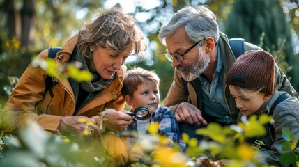 Una familia examinando una pista con una lupa pequeña en un parque de una ciudad alemana, con un ambiente divertido y comprometido. El clima es soleado.






