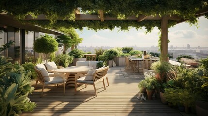 Obraz premium A photo of a rooftop terrace with seating and greenery